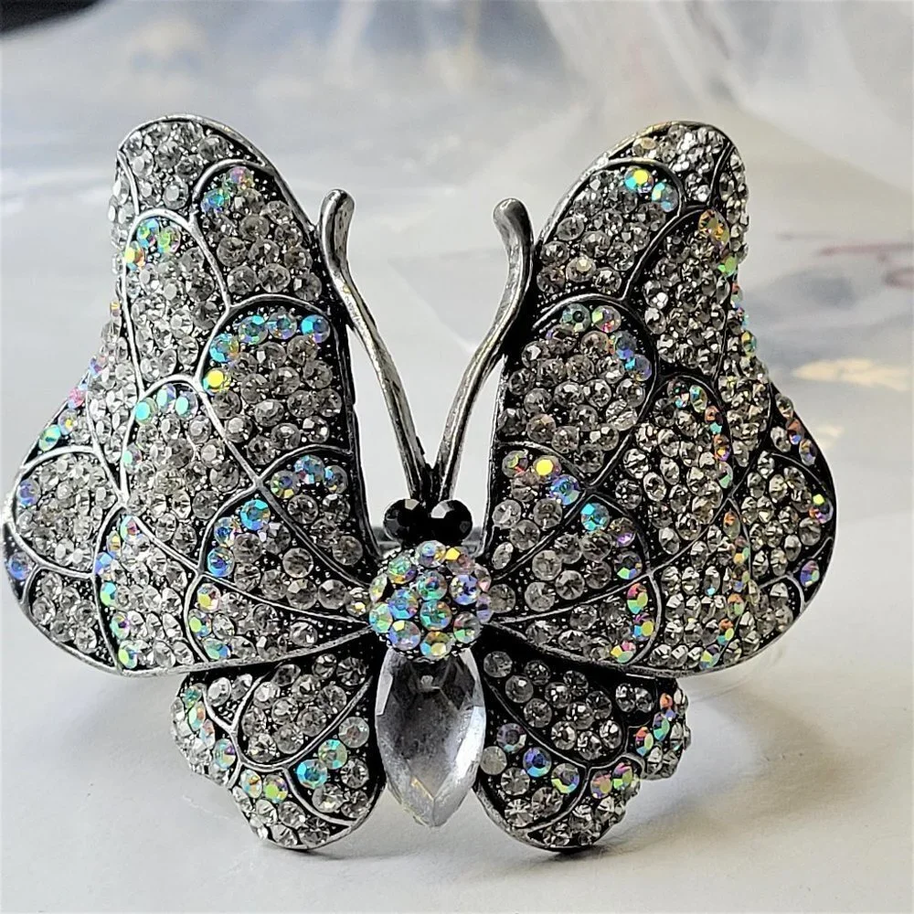 Large Rhinestone Butterfly Hinged Cuff Bracelet - Picture 2 of 14